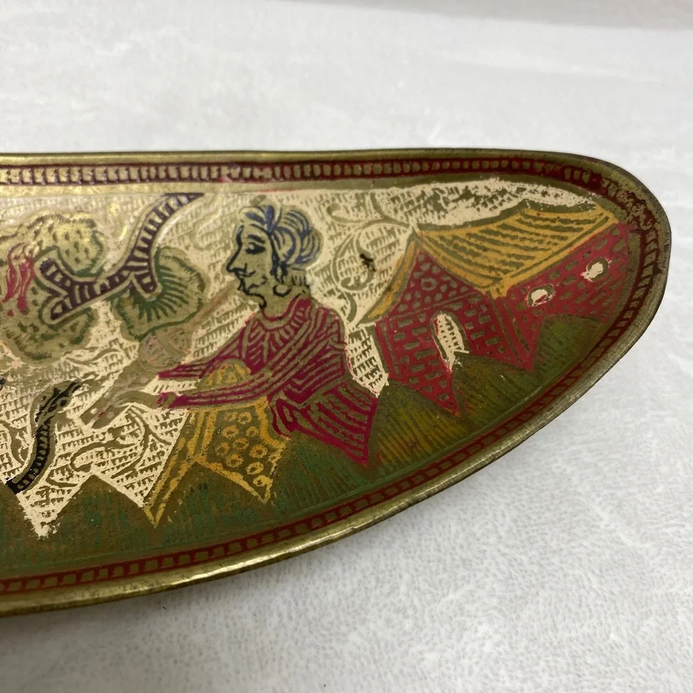 Vintage Decorative Brass Tray Hand Painted‎ Figurines Snake Scene